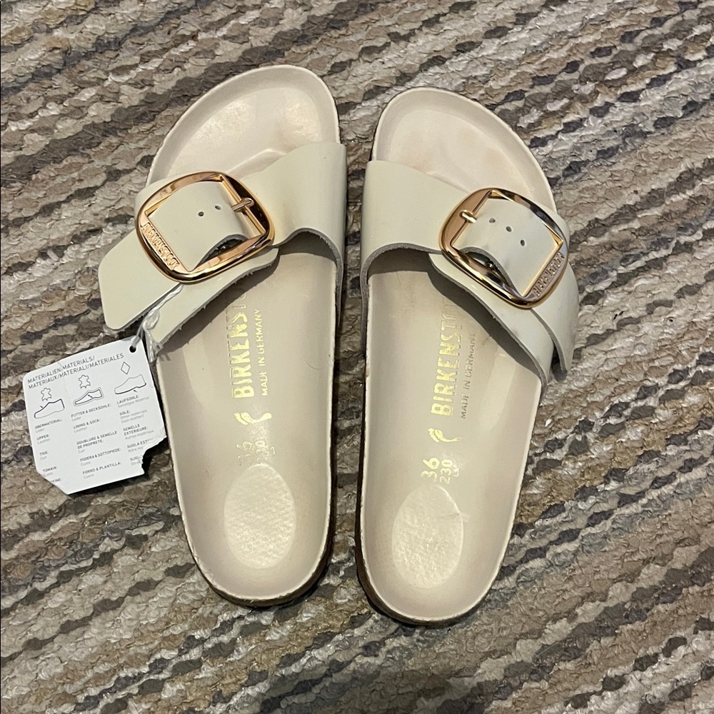 Birkenstock Women’s Madrid Big Buckle Slide Sandals in High Shine Ecru Size 36